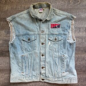 Vintage IBEW Union Denim Vest Made in USA Light Wash Embossed Back Men's Large